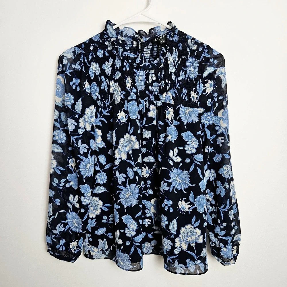 J.Crew Blouse‎ Sz XS Smocked Ruffleneck Chiffon Top Midnight Blue Floral Cottage